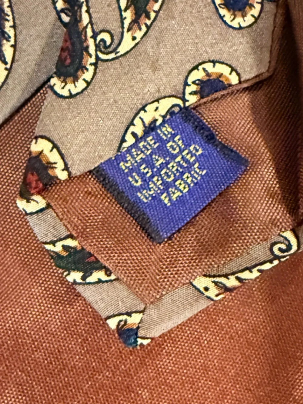Vintage Chaps Ralph Lauren Silk Tie Taupe Navy Medallion Paisley Print USA
